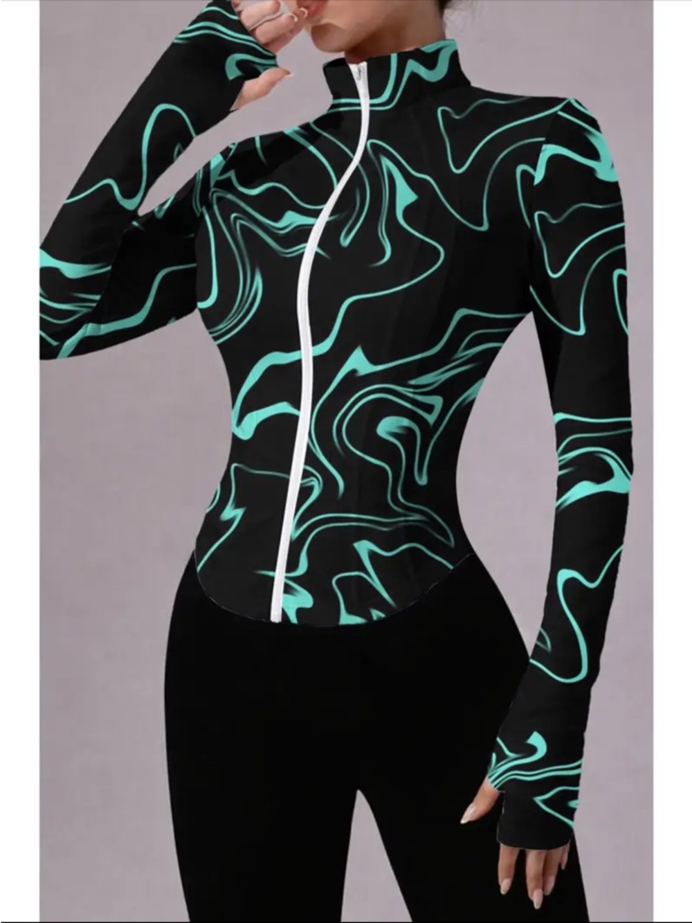 Stylish Black and teal Women's workout or yoga jacket
W thumb holes
New